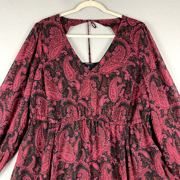 Torrid Tea Length Clip Dot Open Back A-Line Dress Womens 1X Burgundy Paisley - Picture 2 of 15